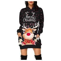 Weihnachtskleid für Damen Langarm Elegant Hoodie Weihnachtspullover Weihnachts Festkleider Partykleid Weihnachtskleidung Vintage Merry Christmas Party Dresses for Women Rentier Print Pulli Kleid von MeiLyviba