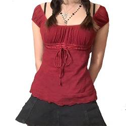Damen Fairy Grunge Y2k Shirts durchsichtig quadratischer Ausschnitt Spitze Patchwork Tops Vintage Gothic ästhetische Kleidung, A1 Rot, Mittel von Meihuida