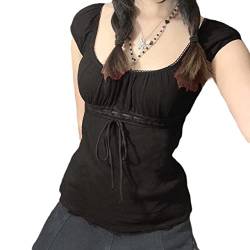 Damen Fairy Grunge Y2k Shirts durchsichtig quadratischer Ausschnitt Spitze Patchwork Tops Vintage Gothic ästhetische Kleidung, A1 Schwarz, Klein von Meihuida