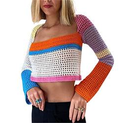 Meihuida Y2k Damen Pullover Argyle-Pullover Langarm Blume Knopf Strick Cropped Cardigan Pullover, O1 blau orange, Mittel von Meihuida