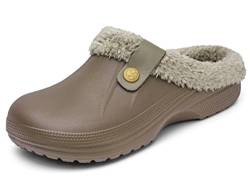 Meik Mangni Clogs Gefüttert Damen Herren Winter Gartenclogs mit Fell Warm Hausschuhe Frauen Geschlossen Pantoffeln rutschfeste Plüsch Pantoletten,Braun Gr.42-43 EU von Meik Mangni