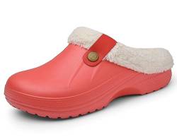 Meik Mangni Clogs Gefüttert Damen Herren Winter Gartenclogs mit Fell Warm Hausschuhe Frauen Geschlossen Pantoffeln rutschfeste Plüsch Pantoletten,Rot Gr.40-41 EU von Meik Mangni