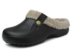 Meik Mangni Clogs Gefüttert Damen Herren Winter Gartenclogs mit Fell Warm Hausschuhe Frauen Geschlossen Pantoffeln rutschfeste Plüsch Pantoletten,Schwarz grau Gr.45-46 EU von Meik Mangni