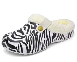 Meik Mangni Clogs Gefüttert Damen Herren Winter Gartenclogs mit Fell Warm Hausschuhe Frauen Geschlossen Pantoffeln rutschfeste Plüsch Pantoletten,Zebra-Stripe Gr.39-40 EU von Meik Mangni