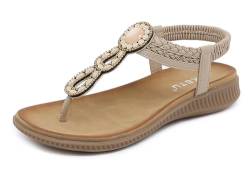 Meik Mangni Damen Sandalen Sommer Bohemian Flache Zehentrenner Strass Sandaletten Strand Schuhe Plattform Flip Flops A Beige Gr.38 von Meik Mangni