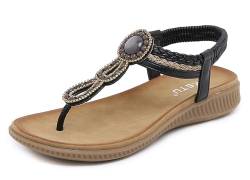 Meik Mangni Damen Sandalen Sommer Bohemian Flache Zehentrenner Strass Sandaletten Strand Schuhe Plattform Flip Flops A Schwarz Gr.40 von Meik Mangni