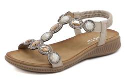 Meik Mangni Damen Sandalen Sommer Bohemian Flache Zehentrenner Strass Sandaletten Strand Schuhe Plattform Flip Flops B Beige Gr.41 von Meik Mangni