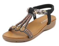 Meik Mangni Damen Sandalen Sommer Bohemian Flache Zehentrenner Strass Sandaletten Strand Schuhe Plattform Flip Flops C Schwarz Gr.36 von Meik Mangni