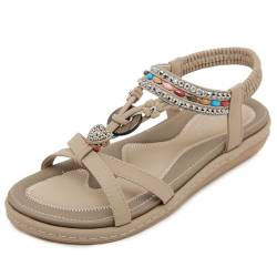 Meik Mangni Damen Sommer Sandalen mit Strass Perlen Frauen Bohemian Sandals Strand Schuhe Freizeit Flach Sandalette Flip Flops,Beige,Gr:42 EU von Meik Mangni