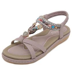 Meik Mangni Damen Sommer Sandalen mit Strass Perlen Frauen Bohemian Sandals T-Riemen Flache Sandalette Freizeit Strand Schuhe,Lila,Gr:38 EU von Meik Mangni