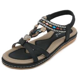 Meik Mangni Damen Sommer Sandalen mit Strass Perlen Frauen Bohemian Sandals T-Riemen Flache Sandalette Freizeit Strand Schuhe,Schwarz,Gr:36 EU von Meik Mangni