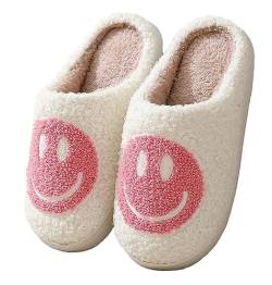 Meik Mangni Hausschuhe mit Fröhliches Gesicht Damen Herren Weicher Plüsch Hausschuhe Frauen Bequeme Warme Pantoffeln Trendiger Slipper,Rosa Gr.44-45 EU/Sohlengröße 46-47 von Meik Mangni