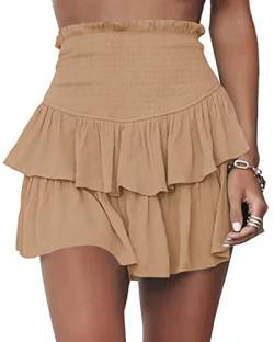 Meikulo Damen gesmokte Rüschen Minirock Sommer hohe Taille gestufter kurzer Rock mit Shorts darunter, A-light Khaki, Klein von Meikulo