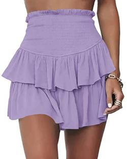 Meikulo Damen gesmokte Rüschen Minirock Sommer hohe Taille gestufter kurzer Rock mit Shorts darunter, A-light Purple, Klein von Meikulo