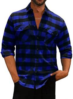 Meilicloth Flanellhemd Kariert Herren Kariertes Freizeithemd Langarm Casual Western Button Down mit Fronttasche Regular Fit Blau Schwarz XL von Meilicloth