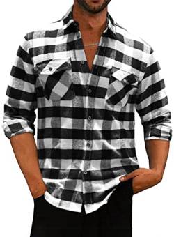 Meilicloth Flanellhemd Kariert Herren Kariertes Freizeithemd Langarm Casual Western Button Down mit Fronttasche Regular Fit Weiß Schwarz S von Meilicloth