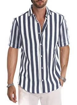 Meilicloth Gestreiftes Hemd Herren Kurzarm Freizeithemd Sommer Casual Regular Fit Navy Blau Weiß XL von Meilicloth
