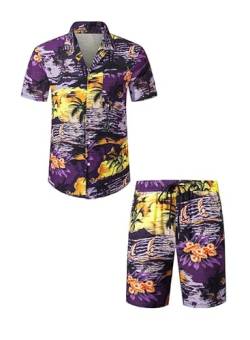 Meilicloth Hawaii Hemd Männer Hawaiihemd Herren Set Flamingo Blumenmuster Floral Kurzarm Sommer Shorts Herren Kurze Hose Herren Lila - Strand M von Meilicloth