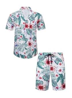 Meilicloth Hawaii Hemd Männer Hawaiihemd Herren Set Flamingo Blumenmuster Floral Kurzarm Sommer Shorts Herren Kurze Hose Herren Weiß - Flamingo XL von Meilicloth