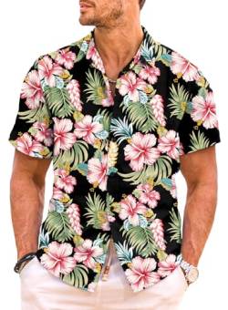 Meilicloth Hawaii Hemd Männer Hawaiihemd Herren Strandhemd Kurzarm Sommerhemd Funky Casual Flamingo Floral Bedruckter Urlaub Shirt Herren Hawaii Shirt Sommer Schwarz-1 XL von Meilicloth