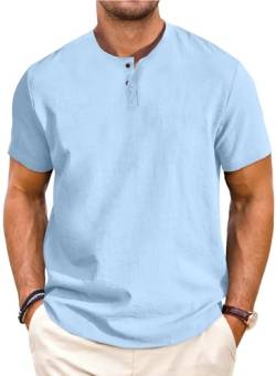 Meilicloth Henley Shirt Herren Leinen Kurzarm Leinenhemd Herren Sommerhemd T Shirt für Herren Leinen Strand Freizeithemd Kurz Sommer Casual Shirt Hawaii Hemd Männer Kurzärmliges Blau 3XL von Meilicloth