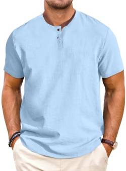 Meilicloth Henley Shirt Herren Leinen Kurzarm Leinenhemd Herren Sommerhemd T Shirt für Herren Leinen Strand Freizeithemd Kurz Sommer Casual Shirt Hawaii Hemd Männer Kurzärmliges Blau XL von Meilicloth
