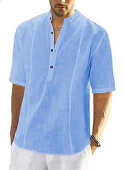 Meilicloth Herren Baumwolle Leinenhemd Herren Hemd Kurzarm Henley Sommerhemd Regular Fit Freizeithemd Casual mit Taschen Blau S von Meilicloth