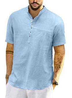 Meilicloth Herren Baumwolle Leinenhemd Herren Hemd Kurzarm Henley Sommerhemd Regular Fit Freizeithemd Casual mit Taschen Blau XL von Meilicloth