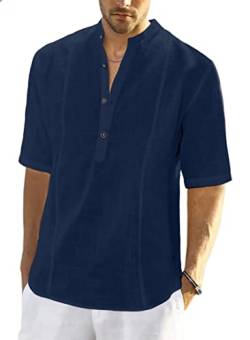 Meilicloth Herren Baumwolle Leinenhemd Herren Hemd Kurzarm Henley Sommerhemd Regular Fit Freizeithemd Casual mit Taschen Navy blau M von Meilicloth