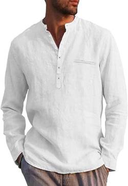 Meilicloth Herren Hemd Baumwolle Leinenhemd Herren Langarm Regular Fit Freizeithemd Casual Shirts mit Taschen Weiß M von Meilicloth