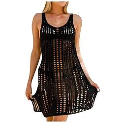 Meilily Damen Strandkleid Bikini Cover Up Strandkleider Crochet Stricken Strandponcho Sommerkleid Strand Bademode Bluse Badeanzug Häkeln Hemdkleid Tunika Schwarz und Weiß Spleißen von Meilily