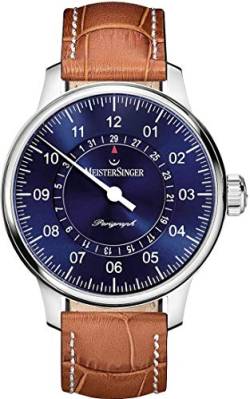 MeisterSinger Herren klassisches Plus Perigraph braunes Lederarmband blaues Zifferblatt AM1008 von MeisterSinger