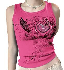 Meladyan Damen Herz Strass Grafik Druck Ärmellos Crop Tank Gerippt Fairy Grunge 90er Jahre E-Girl Gothic Weste Shirt Top, Hot Pink-1, Klein von Meladyan