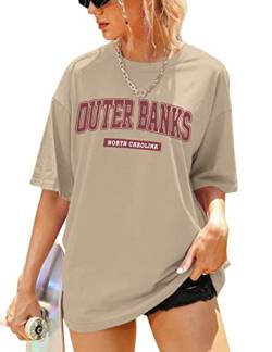 Meladyan Damen Oversized Outer Banks Letter Graphic Tee Drop Shoulder Short Sleeve Longline Rundhals T-Shirt Top, khaki, Mittel von Meladyan