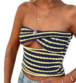 Meladyan Damen Twist Front Gestreift Cutout Gestrickte Crop Tube Top Bandage trägerlos ärmelloses Bandeau Cropped Shirt, Blau / Gelb, X-Klein von Meladyan