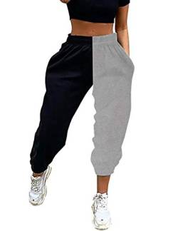 Meladyan Elastische Damen-Jogginghose mit hoher Taille, Farbblock-Sweathose mit Taschen, Schwarz / Grau, Groß von Meladyan