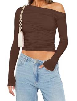 Meladyan Frauen One Off Shoulder Langarm Crop Top T Shirt Solide Geraffte Slim Fit Sexy Cropped Tee Shirts Tops, Braun, Klein von Meladyan