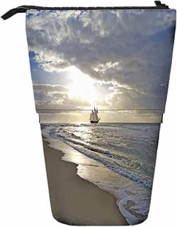 Ozean-Teleskop-Bleistift-Briefpapieretui, Stifte-Aufbewahrungsbox mit Reißverschluss, für Damen, Herren, Jungen, Mädchen, Strand, Boot, Wolken, Meer, Wellen, Küste, Morgendämmerung, Meereslandschaft, von Melbrakin