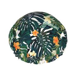 Tropischer Sommer-Hawaiian-Blumen-Palmblatt-Druck, weich, exquisit, Duschhaube für Frauen, leicht, doppelt wasserdicht, langes Haar von Melbrakin