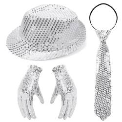 Meleager 70er Jahre Disco Karneval Outfit Herren Accessories 3 Stück, Pailletten Hut Sliver Set mit Glitzer Krawatte und Fäustling Herren für Fasching Party,Jazz Dance Performence von Meleager