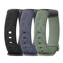 3 Stück Armbänder kompatibel mit Fitbit Luxe Armbänder für Frauen, Blumenmuster, Silikon, Sport-Armband, Ersatzband für Fitbit Luxe/Luxe, Special Edition Fitness-Tracker (groß, Schwarz + Blau Grau + von Meliya