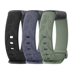 3 Stück Armbänder kompatibel mit Fitbit Luxe Armbänder für Frauen, Blumenmuster, Silikon, Sport-Armband, Ersatzband für Fitbit Luxe/Luxe, Special Edition Fitness-Tracker (klein, schwarz + blau grau + von Meliya