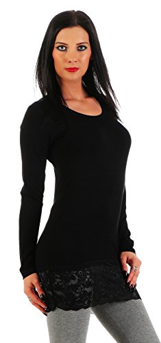 Mellice - Damen Longshirt Langarm Shirt Tunika mit Spitze (XL, Schwarz) von Mellice