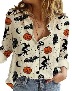 Melliflo Halloween-Shirts für Frauen Langarm Button Down Blusen Kürbis Grafikdruck Herbstkleidung, khaki, Mittel von Melliflo