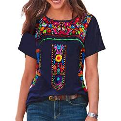 Melliflo Kurzärmeliges mexikanisches T-Shirt für Frauen, florales besticktes lockeres Oberteil, ethnischer Stil, Boho-T-Shirts, Marineblau, Groß von Melliflo