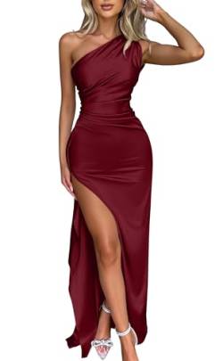 Memoriesea Sexy Damen-Maxikleid mit einer Schulter, Satin, hoher Schlitz, Cocktailkleid, Hochzeit, Party, Weinrot, Groß von Memoriesea