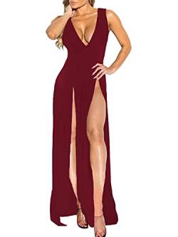 Damen Maxi-Kleid mit seitlichem Schlitz, V-Ausschnitt, ärmellos, figurbetont, Clubwear, wein, X-Groß von Memorose