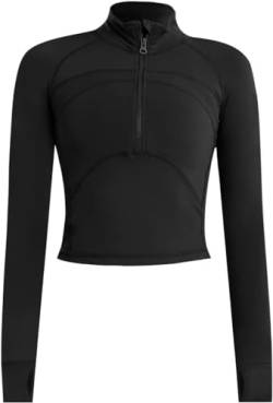 Memoryee Basic Langarmshirt Damen Sport Laufen Yoga Gym Zipper Crop Top Leicht Fitness Pullover Oberteil mit Halbem Reißverschluss und Daumenloch Schwarz S von Memoryee