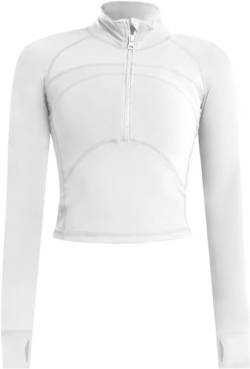 Memoryee Basic Langarmshirt Damen Sport Laufen Yoga Gym Zipper Crop Top Leicht Fitness Pullover Oberteil mit Halbem Reißverschluss und Daumenloch Weiß M von Memoryee