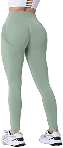 Memoryee Damen Gym Leggings Sport Scrunch Butt High Waist Push Up Boom Booty Workout Nahtlos Yoga Hosen/#2-PEA Green/L von Memoryee